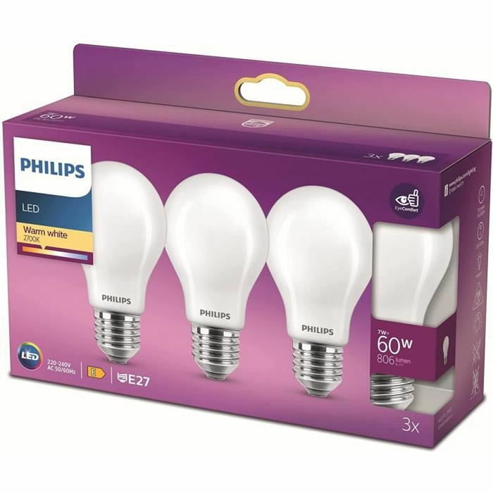 Philips Pack de 3 Ampoules LED E27 7W Blanc chaud 806 lm Philips Pack de 3 Ampoules LED E27 7W Blanc chaud 806 lm