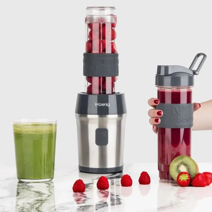 H.Koenig Mini Blender SMOO9 - 300 W - Capacité 570 ml - Noir - 2 Gourdes Incluses - Sans BPA - Pour Smoothies