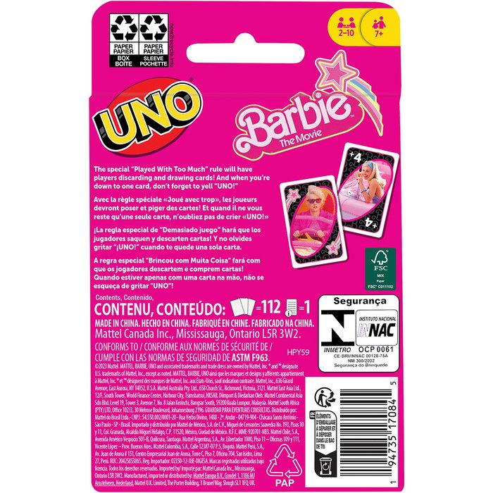 Mattel UNO Hpy59 - Jeu de Cartes Barbie The Movie - Version Multilingue (Anglais, Français, Allemand, Italien, Portugais, Espagnol) - À Partir de 7 Ans