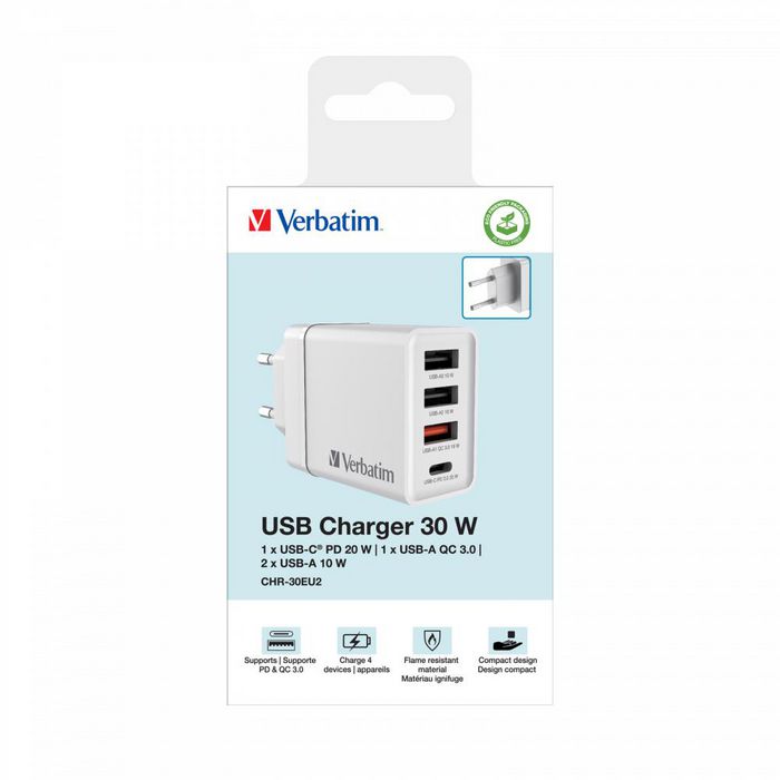 Verbatim - Chargeur mural USB 30W 4 ports - 1 USB-C PD 20W, 1 USB-A QC 3.0, 2 USB-A 10W - Prise fixe EU - Noir