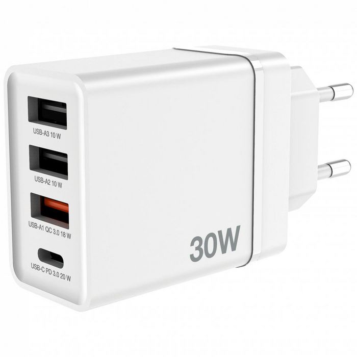 Verbatim - Chargeur mural USB 30W 4 ports - 1 USB-C PD 20W, 1 USB-A QC 3.0, 2 USB-A 10W - Prise fixe EU - Noir
