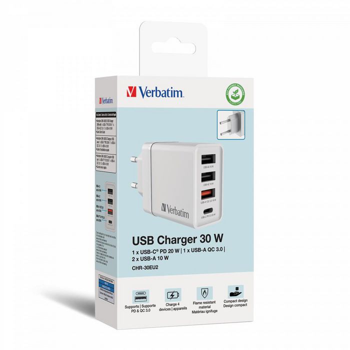 Verbatim - Chargeur mural USB 30W 4 ports - 1 USB-C PD 20W, 1 USB-A QC 3.0, 2 USB-A 10W - Prise fixe EU - Noir
