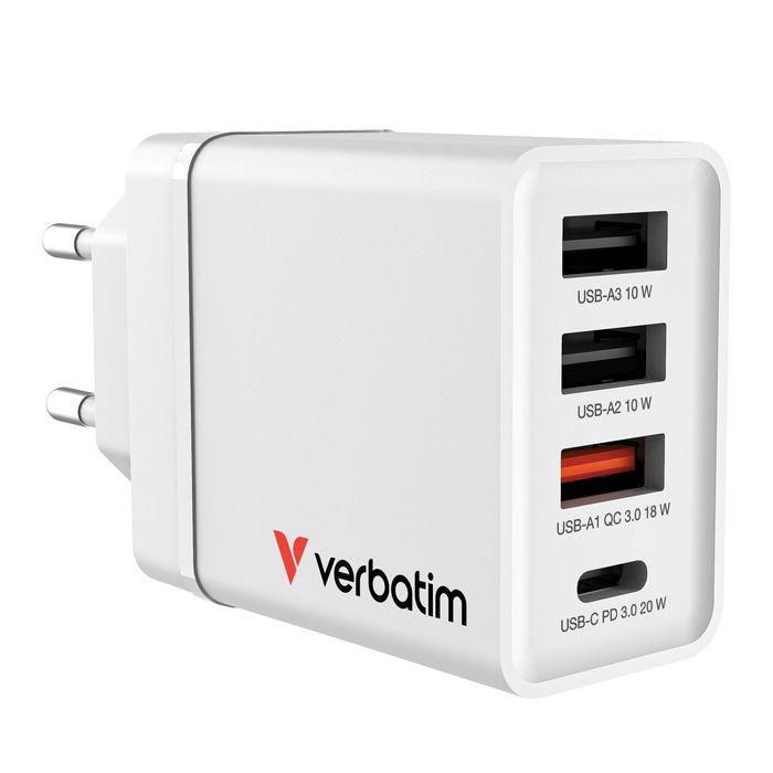 Verbatim - Chargeur mural USB 30W 4 ports - 1 USB-C PD 20W, 1 USB-A QC 3.0, 2 USB-A 10W - Prise fixe EU - Noir