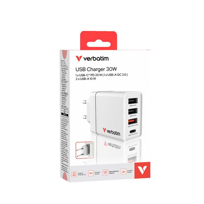 Verbatim - Chargeur mural USB 30W 4 ports - 1 USB-C PD 20W, 1 USB-A QC 3.0, 2 USB-A 10W - Prise fixe EU - Noir