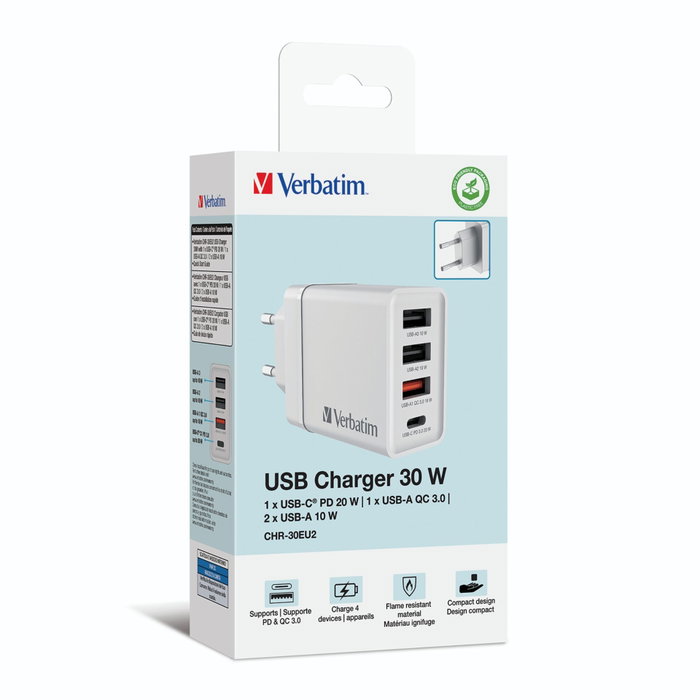 Verbatim Chargeur Mural 30W 4 Ports avec USB-C PD 20W et USB-A QC 3.0, Noir