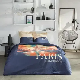 Today Parure de lit JAVA, 2 personnes 240x220 cm, 100% Coton, Housse de couette et 2 taies d'oreiller, Imprimé Paris Bleu