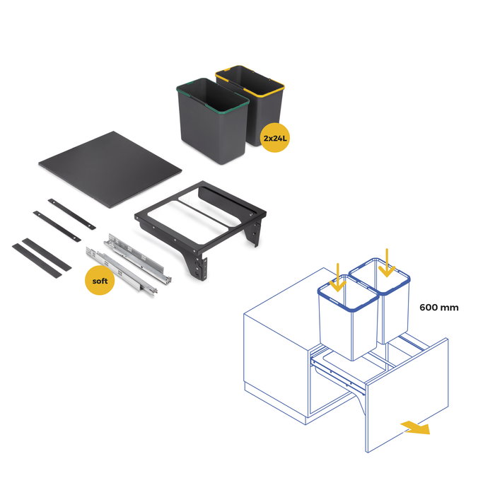 Emuca Bac de tri sélectif pour montage latéral sur meuble de cuisine Recycle 2x24litres, Acier, Plastique gris anthracite