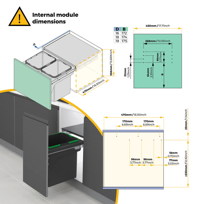 Emuca Bac de tri sélectif pour montage latéral sur meuble de cuisine Recycle 2x24litres, Acier, Plastique gris anthracite