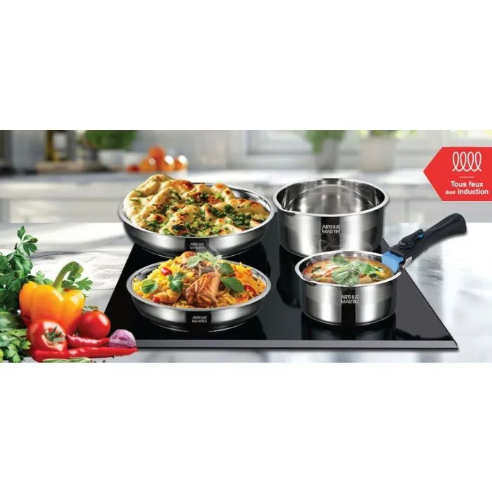 Arthur Martin AM0006 Batterie de cuisine 10 pièces en acier inoxydable 18/10 avec poignée amovible pour tous feux dont induction Arthur Martin AM0006 Batterie de cuisine 10 pièces en acier inoxydable 18/10 avec poignée amovible pour tous feux dont induction