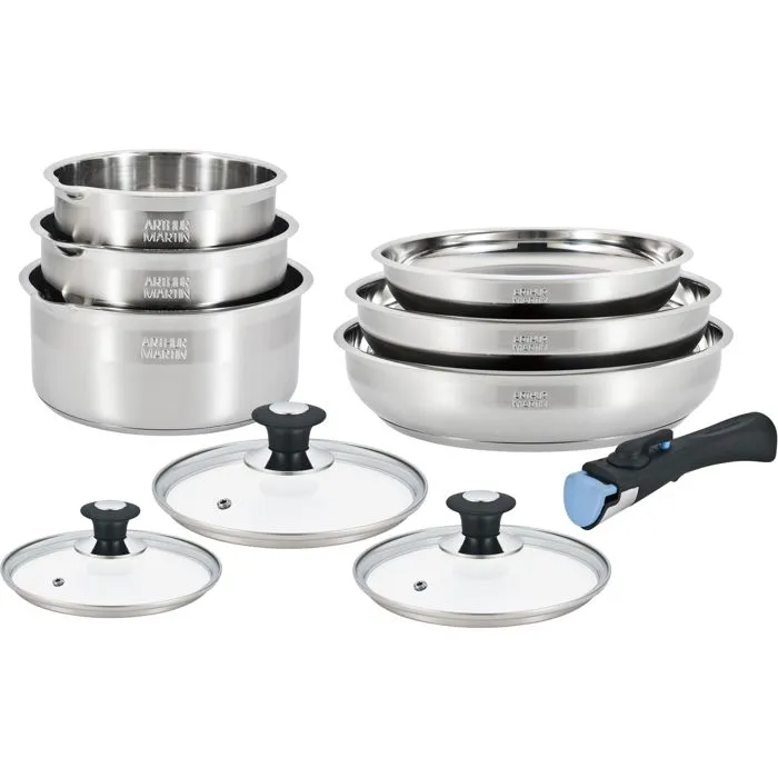 Arthur Martin AM0006 Batterie de cuisine 10 pièces en acier inoxydable 18/10 avec poignée amovible pour tous feux dont induction Arthur Martin AM0006 Batterie de cuisine 10 pièces en acier inoxydable 18/10 avec poignée amovible pour tous feux dont induction