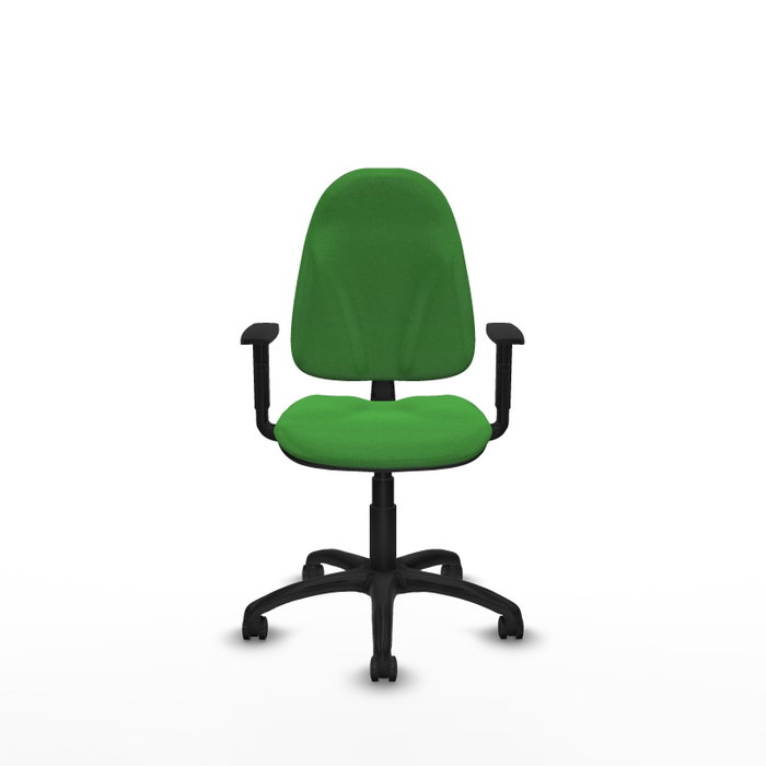 Chaise de bureau Algarra avec mécanisme de contact permanent de base, recouverte de tissu vert. Équipée d'une base en polyamide noir, d'accoudoirs 1D et de roulettes pour parquet