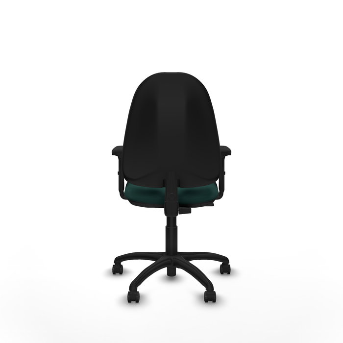 Chaise de bureau Algarra avec mécanisme de contact permanent de base, revêtue de similicuir vert bouteille. Équipée d'un piètement en polyamide noir, d'accoudoirs 2D et de roulettes autobloquantes Chaise de bureau Algarra avec mécanisme de contact permanent de base, revêtue de similicuir vert bouteille. Équipée d'un piètement en polyamide noir, d'accoudoirs 2D et de roulettes autobloquantes