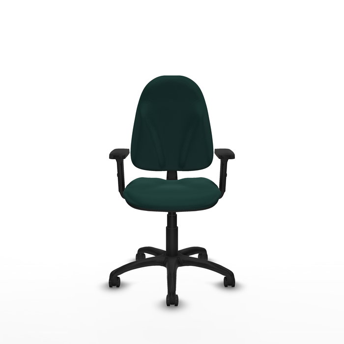 Chaise de bureau Algarra avec mécanisme de contact permanent de base, revêtue de similicuir vert bouteille. Équipée d'un piètement en polyamide noir, d'accoudoirs 2D et de roulettes autobloquantes Chaise de bureau Algarra avec mécanisme de contact permanent de base, revêtue de similicuir vert bouteille. Équipée d'un piètement en polyamide noir, d'accoudoirs 2D et de roulettes autobloquantes