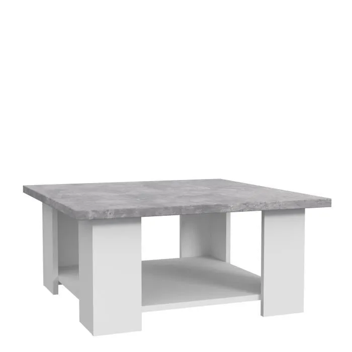 PILVI - Table basse contemporaine, design épuré, plateau blanc et béton gris clair, dimensions L 67 x P 67 x H 31 cm avec étagère inférieure