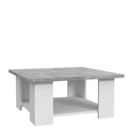 PILVI - Table basse contemporaine, design épuré, plateau blanc et béton gris clair, dimensions L 67 x P 67 x H 31 cm avec étagère inférieure