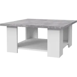 PILVI - Table basse contemporaine, design épuré, plateau blanc et béton gris clair, dimensions L 67 x P 67 x H 31 cm avec étagère inférieure