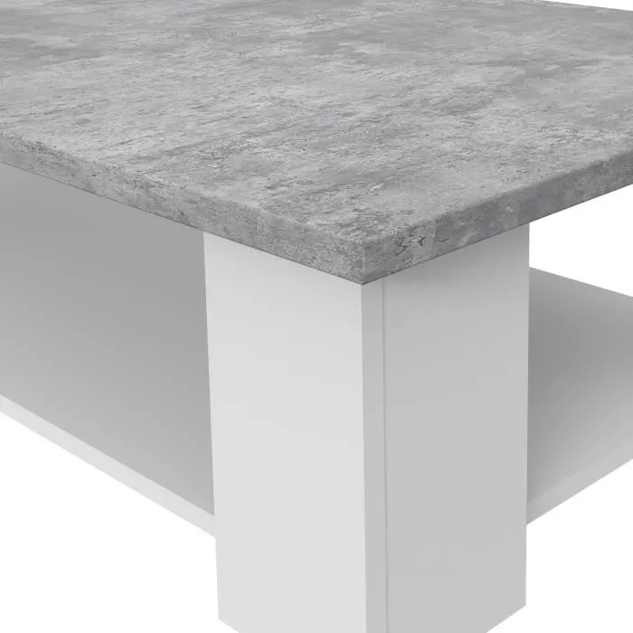 PILVI - Table basse contemporaine, design épuré, plateau blanc et béton gris clair, dimensions L 67 x P 67 x H 31 cm avec étagère inférieure