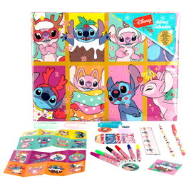 CYP BRANDS Calendrier de l'Avent Stitch Disney - Kit Papeterie pour Noël avec Crayons, Stylos, Feutres, Coloriage et Accessoires