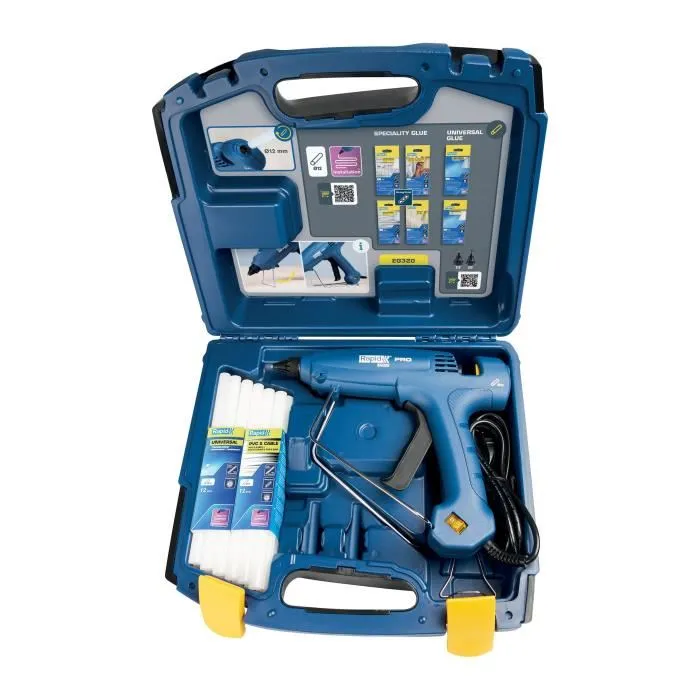 Rapid - Pistolet à colle professionnel EG320 (1000g/h, chauffage 3 min) - Compact et léger pour un travail de précision - Coffret avec 24 sticks de colle
