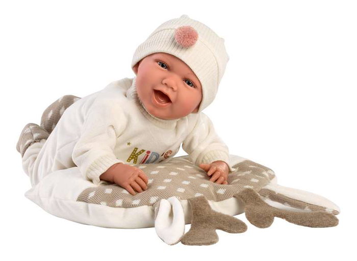 Llorens Mimi Sonrisas - Poupée nouveau-né 40 cm en tissu avec bavoir Kids Zone, sucette et coussin renne
