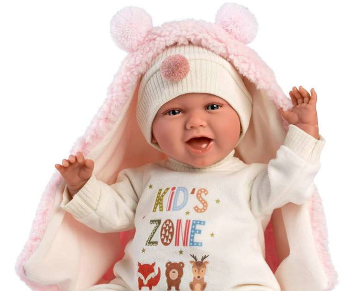 Llorens Mimi Sonrisas - Poupée nouveau-né 40 cm en tissu avec bavoir Kids Zone, sucette et coussin renne