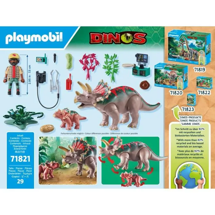 Playmobil 71821 - Set de Figurines Dinosaures : Tricératops avec Bébé, Explorateur, Stygimoloch et Accessoires, 29 Pièces, Jeu de Construction à Partir de 4 Ans