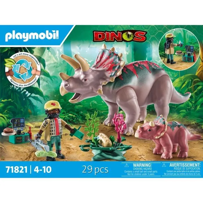 Playmobil 71821 - Set de Figurines Dinosaures : Tricératops avec Bébé, Explorateur, Stygimoloch et Accessoires, 29 Pièces, Jeu de Construction à Partir de 4 Ans