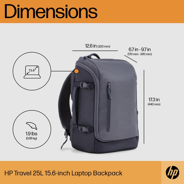HP Sac à dos Travel pour ordinateur portable 15,6 pouces, 25 litres, compartiment extensible, gris acier, fabriqué en plastique recyclé