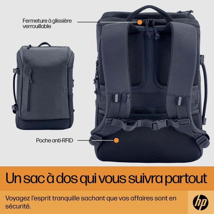 HP Sac à dos Travel pour ordinateur portable 15,6 pouces, 25 litres, compartiment extensible, gris acier, fabriqué en plastique recyclé