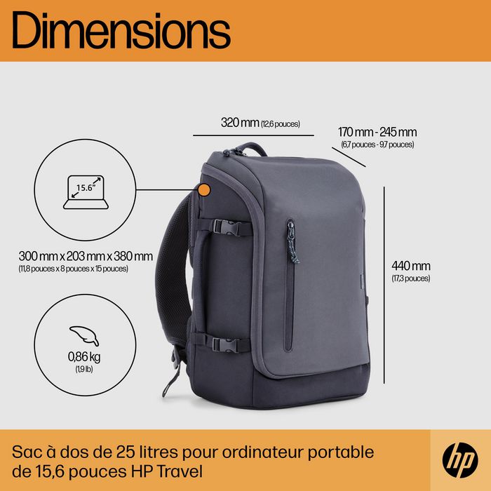 HP Sac à dos Travel pour ordinateur portable 15,6 pouces, 25 litres, compartiment extensible, gris acier, fabriqué en plastique recyclé