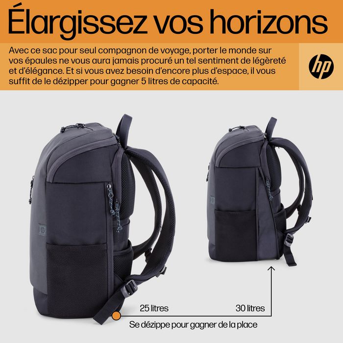 HP Sac à dos Travel pour ordinateur portable 15,6 pouces, 25 litres, compartiment extensible, gris acier, fabriqué en plastique recyclé