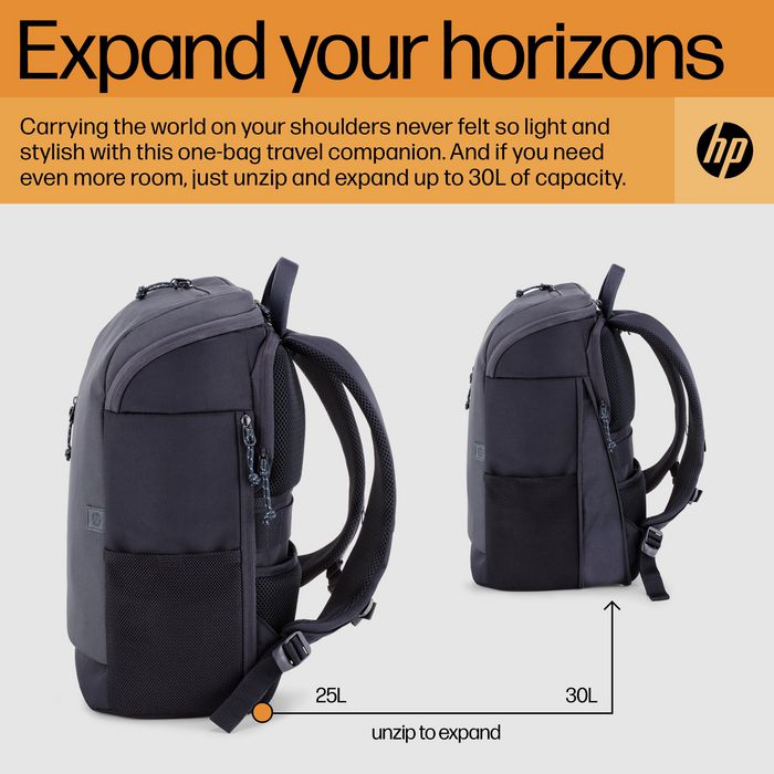 HP Sac à dos Travel pour ordinateur portable 15,6 pouces, 25 litres, compartiment extensible, gris acier, fabriqué en plastique recyclé