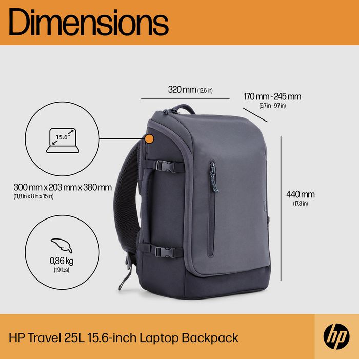 HP Sac à dos Travel pour ordinateur portable 15,6 pouces, 25 litres, compartiment extensible, gris acier, fabriqué en plastique recyclé