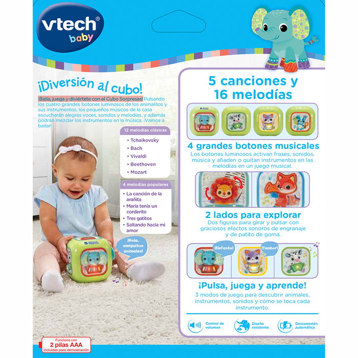 V-Tech Cubo Sorpresa - Cube musical éducatif avec animaux, mélodies et effets lumineux - Modèle 80-574122 pour bébés dès 6 mois V-Tech Cubo Sorpresa - Cube musical éducatif avec animaux, mélodies et effets lumineux - Modèle 80-574122 pour bébés dès 6 mois