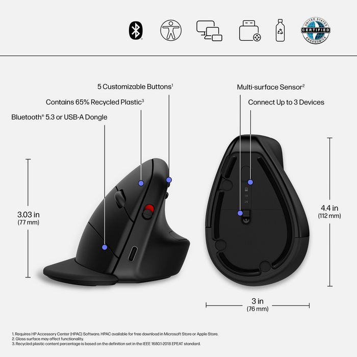 HP Souris Ergonmique Verticale Sans Fil 920 avec Repose-Poignet Magnétique et Récepteur USB - 5 Boutons Personnalisables