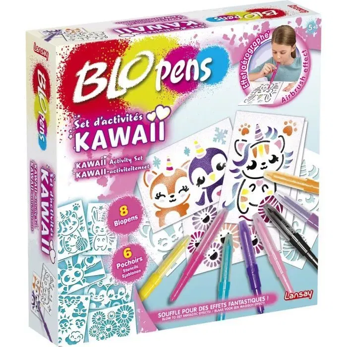 LANSAY Blopens Set d'Activités Kawaii avec 8 Feutres Magiques Soufflants, 6 Pochoirs et 6 Feuilles - Jeu Créatif pour Enfants Dès 5 Ans