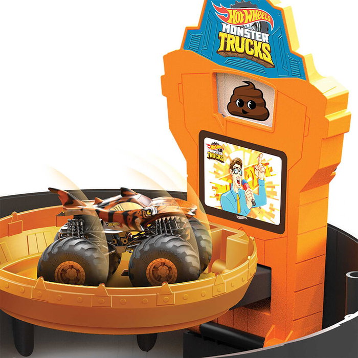 Hot Wheels - Rueda de Acrobacias Monster Trucks - Set de Jeu avec Rampe, Podium et Système de Score - Comprend 1 Camion, 2 Voitures 1:64 et 2 Véhicules Détruits - À Partir de 3 Ans