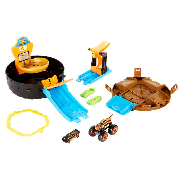 Hot Wheels - Rueda de Acrobacias Monster Trucks - Set de Jeu avec Rampe, Podium et Système de Score - Comprend 1 Camion, 2 Voitures 1:64 et 2 Véhicules Détruits - À Partir de 3 Ans