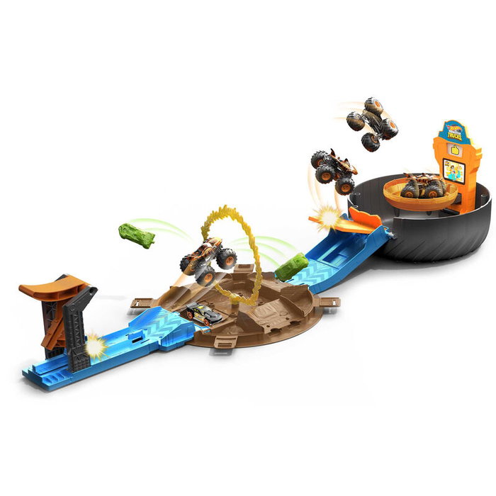 Hot Wheels - Rueda de Acrobacias Monster Trucks - Set de Jeu avec Rampe, Podium et Système de Score - Comprend 1 Camion, 2 Voitures 1:64 et 2 Véhicules Détruits - À Partir de 3 Ans
