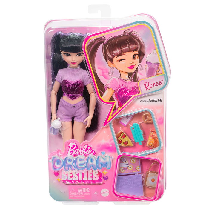 Barbie Poupée Dream Besties Renee avec accessoires (ordinateur portable, sac, nourriture) et vêtements amovibles - Multilingue