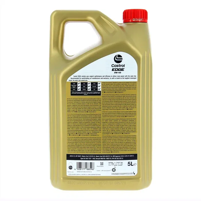 Castrol EDGE 5W-40 Huile Moteur 5L avec Fluid TITANIUM - ACEA C3, API SN/CF, VW 505 00/01, MB 229.31/51 - Pour Véhicules Hybrides