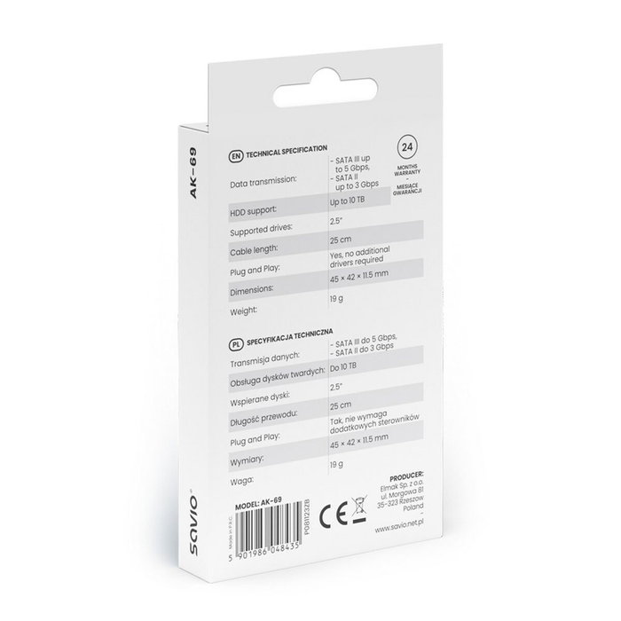 Savio Adaptateur USB vers SATA pour Disque Dur AK-69 25 cm