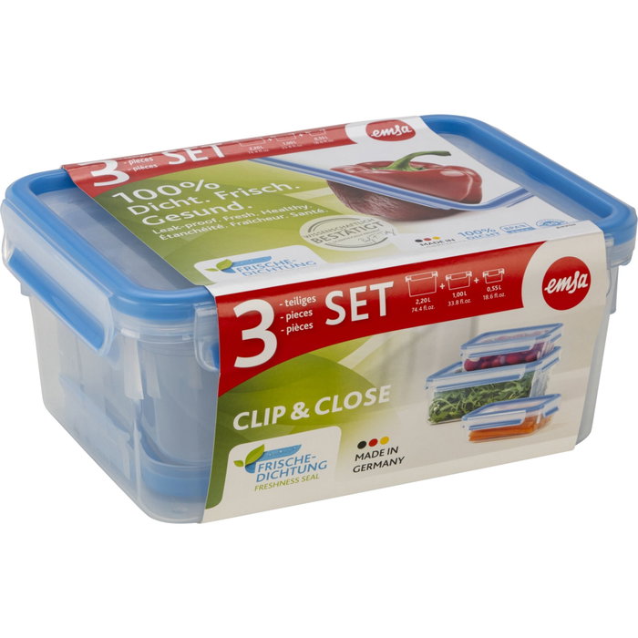 Emsa Clip&Close Set de 3 boîtes de conservation, Transparent / Bleu
