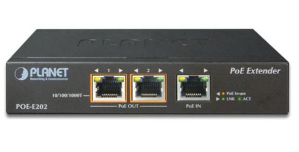 Planet POE-E202 - Extenseur Gigabit PoE 1-Port 802.3at à 2-Ports 802.3af/at, Extension jusqu'à 200m, Alimentation jusqu'à 25W par port, Plug-and-Play