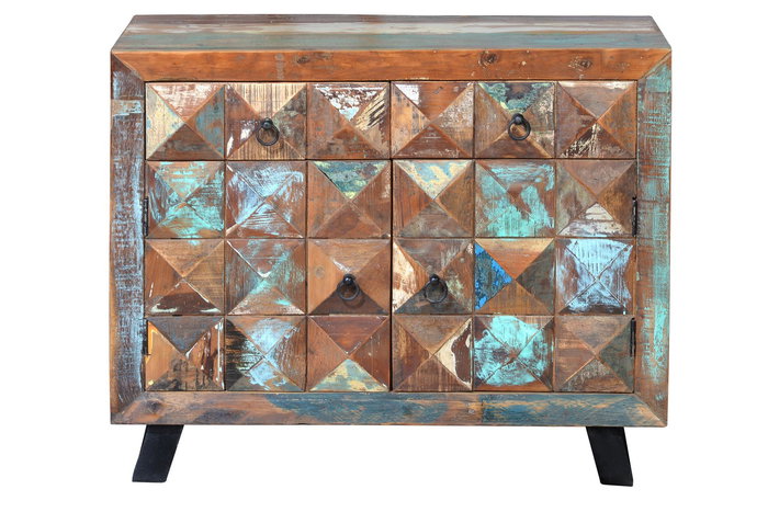 GINER Y COLOMER - Commode en bois recyclé multicolore avec deux portes sculptées main en forme de diamant et deux tiroirs - 87x100x40 cm