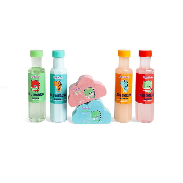 Martinelia Set de Bains Dinosaures Little Dinorassic - Gel Douche et Crème Hydratante pour Enfant avec Éponge Jouet, Parfum Fruits