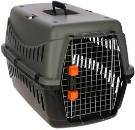 Kerbl - Box de transport Eco pour chien et chat, conforme IATA - 100% plastique recyclé, dimensions 58 * 38 * 38 cm, gris/vert avec gamelle d'eau