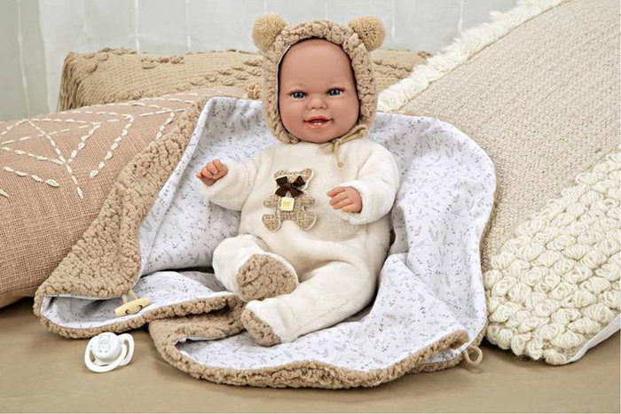 Muñecas Arias - Muñeca Elegance Babyto marron avec manta (peluche lestée) 35 cm, corps souple, langue du produit espagnol