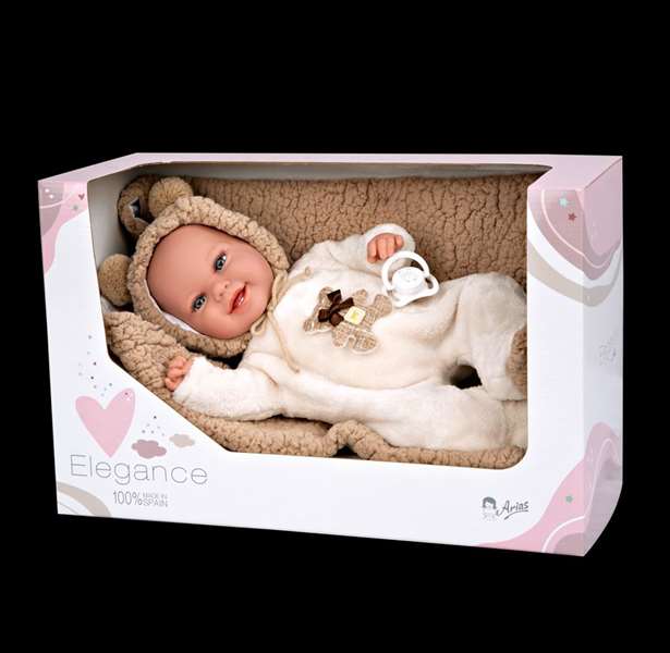 Muñecas Arias - Muñeca Elegance Babyto marron avec manta (peluche lestée) 35 cm, corps souple, langue du produit espagnol