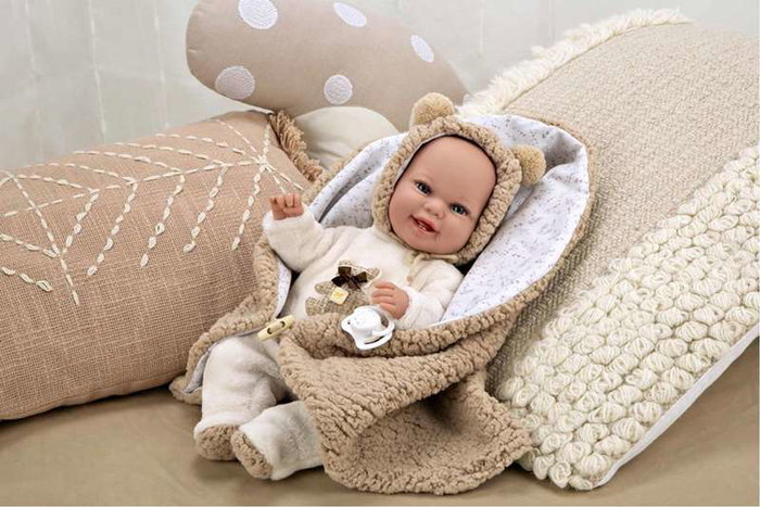 Muñecas Arias - Muñeca Elegance Babyto marron avec manta (peluche lestée) 35 cm, corps souple, langue du produit espagnol